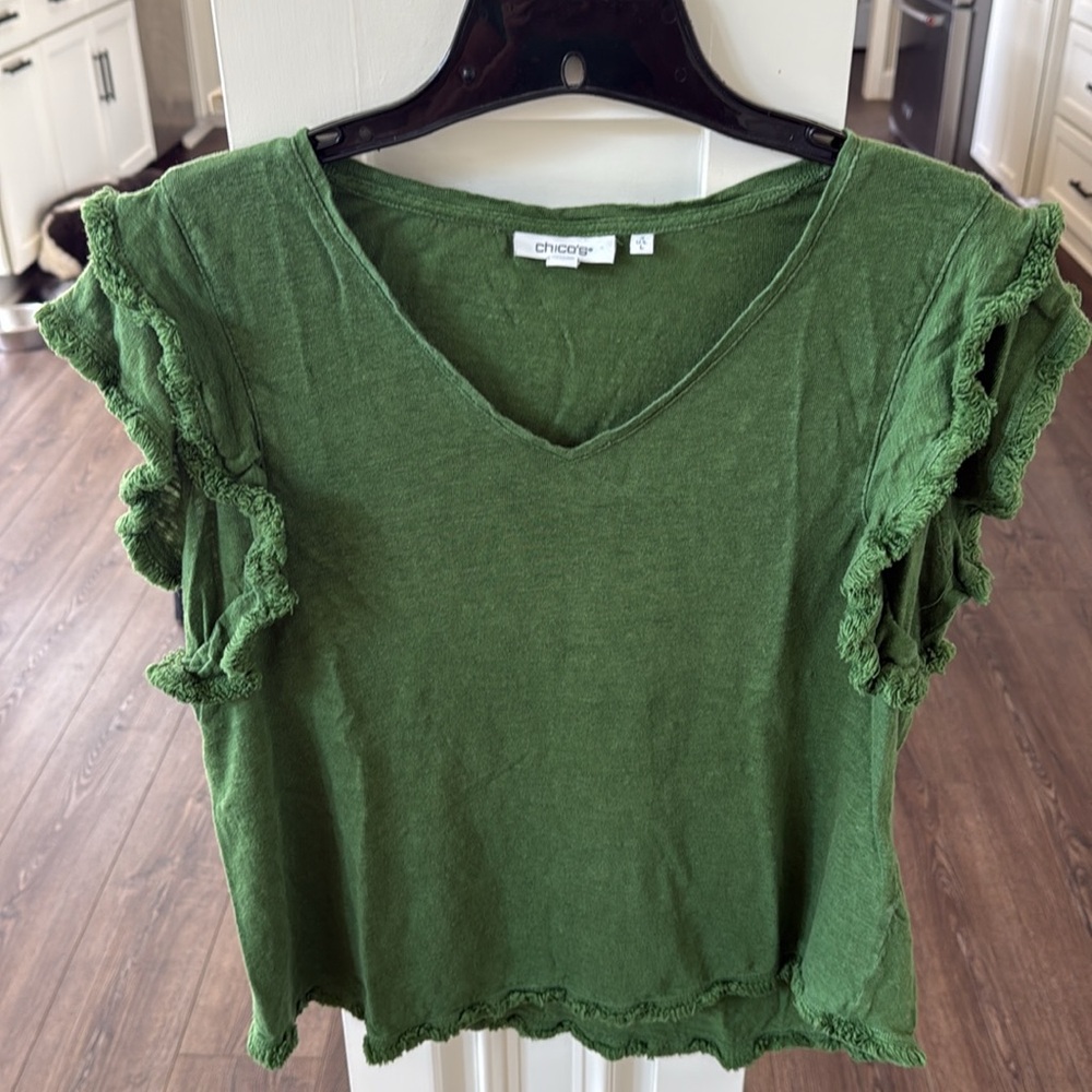 Chicos Linen Forest Green Ruffle Sleeve Top Size Large